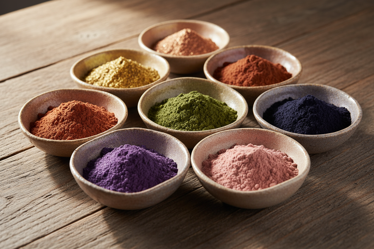 colorants in rainbow colors in small bowls on a wooden table