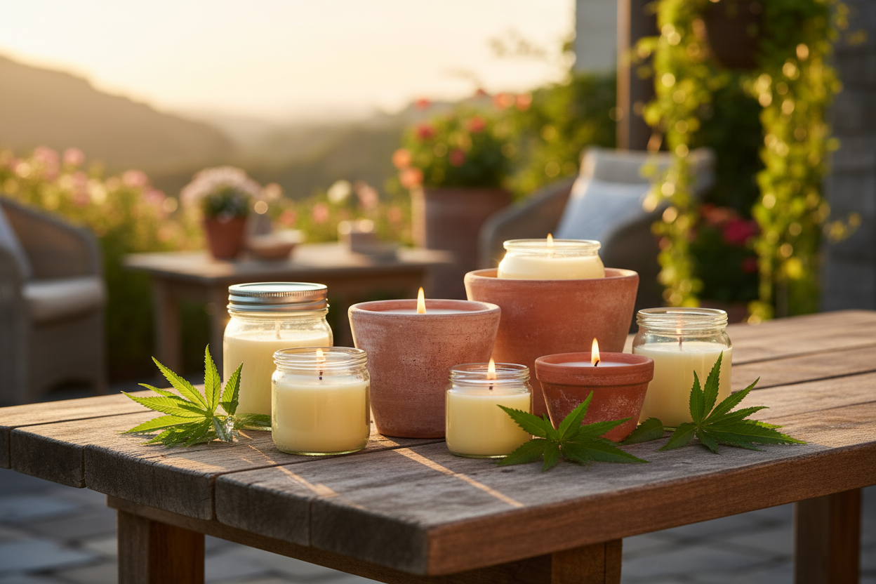 group candles in pots and glass hars on a wodden table with garden items in the background