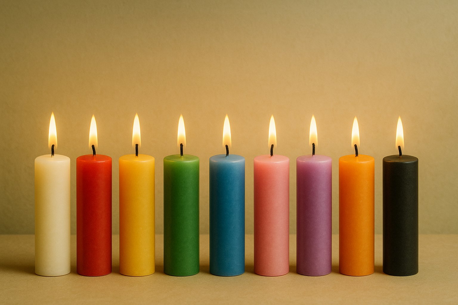 rainbow colored pillar candles on a yellow background all lit 