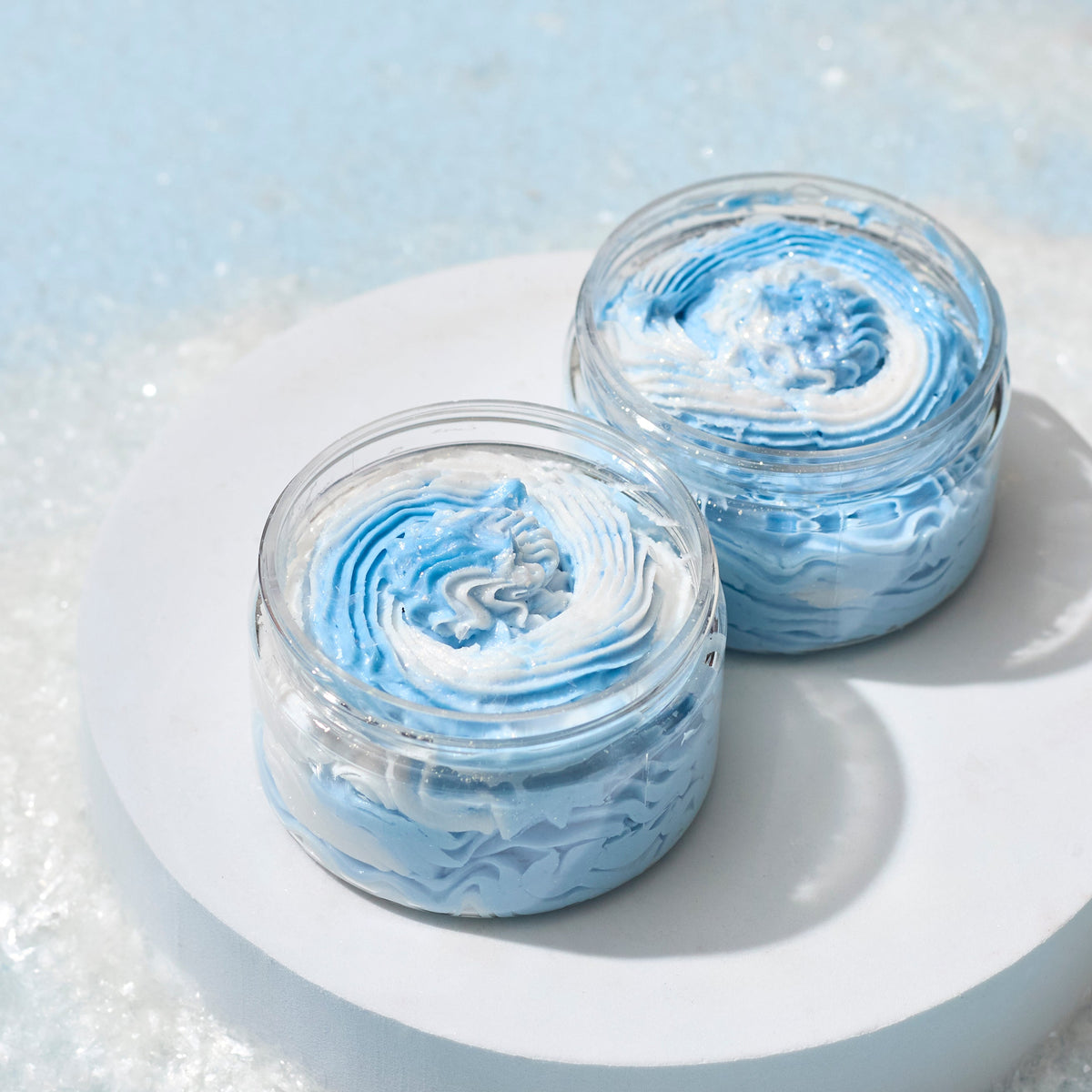 blue and white swirled whipped soap