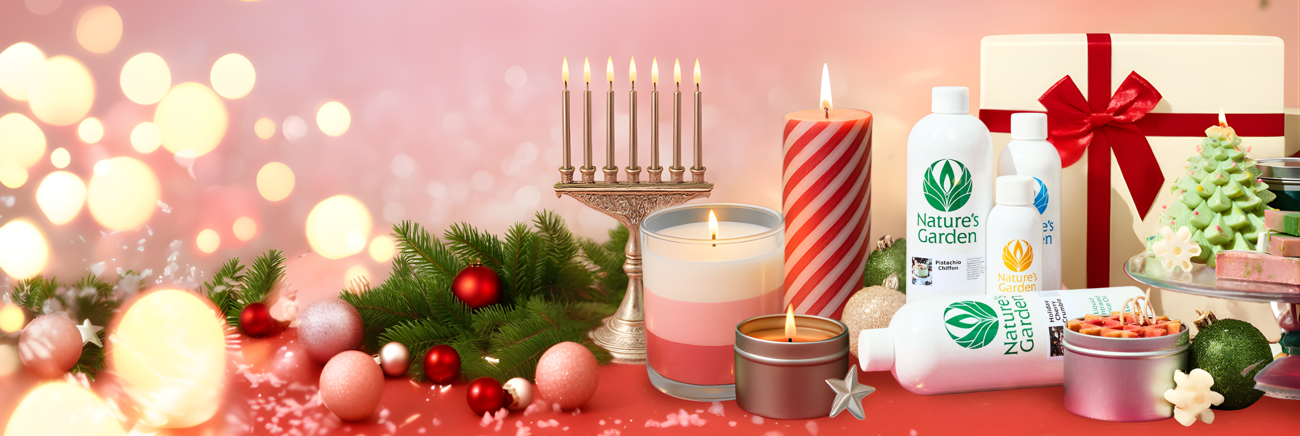 A holiday display featuring candles, Nature’s Garden fragrance oils, festive soaps, ornaments, a menorah, and a large wrapped gift on a pink glowing background.