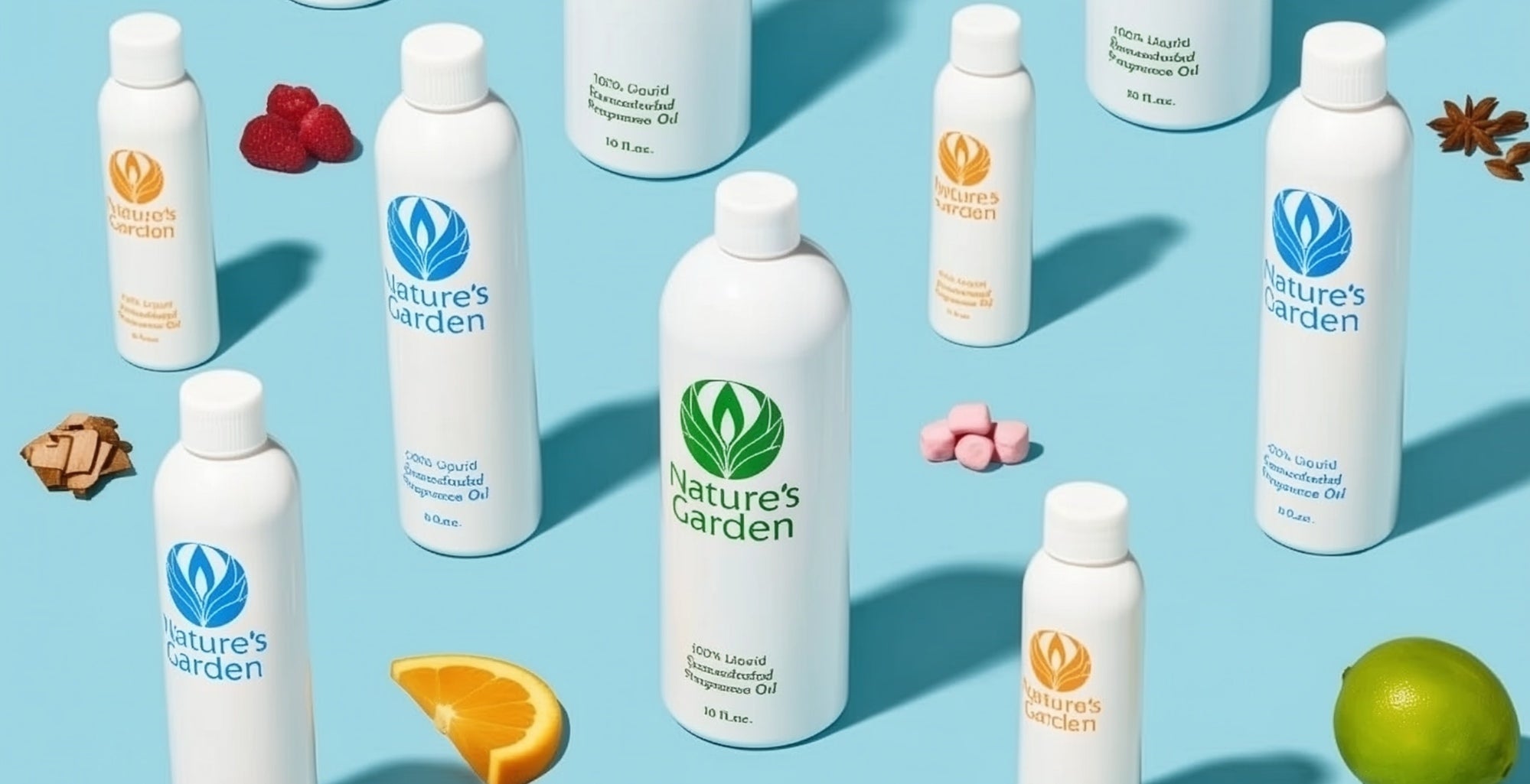 White bottles labeled “Nature’s Garden” arranged on a light blue background with scattered ingredients: orange slice, lime, raspberries, star anise, and pink candies.