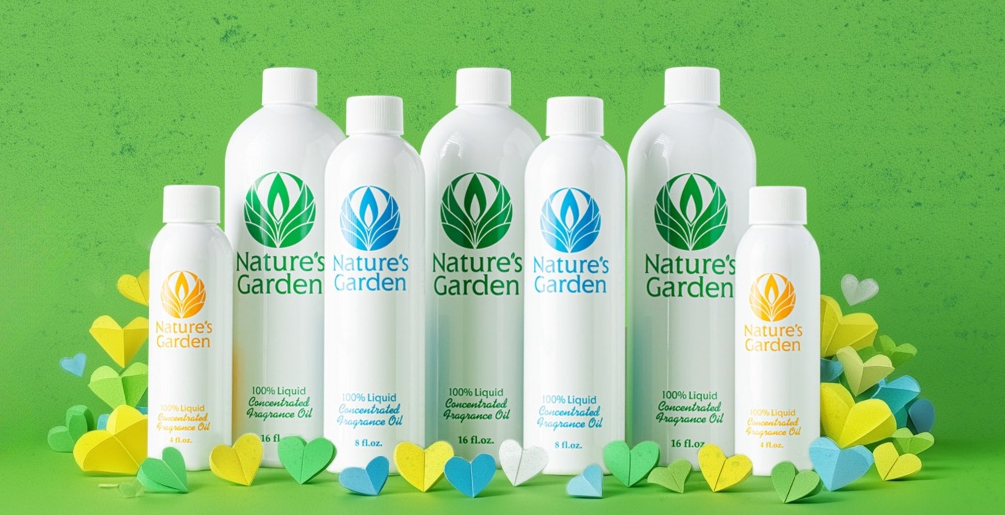 Green Nature’s Garden banner featuring a lineup of white fragrance oil bottles in different sizes, surrounded by colorful paper hearts, with a textured green background.