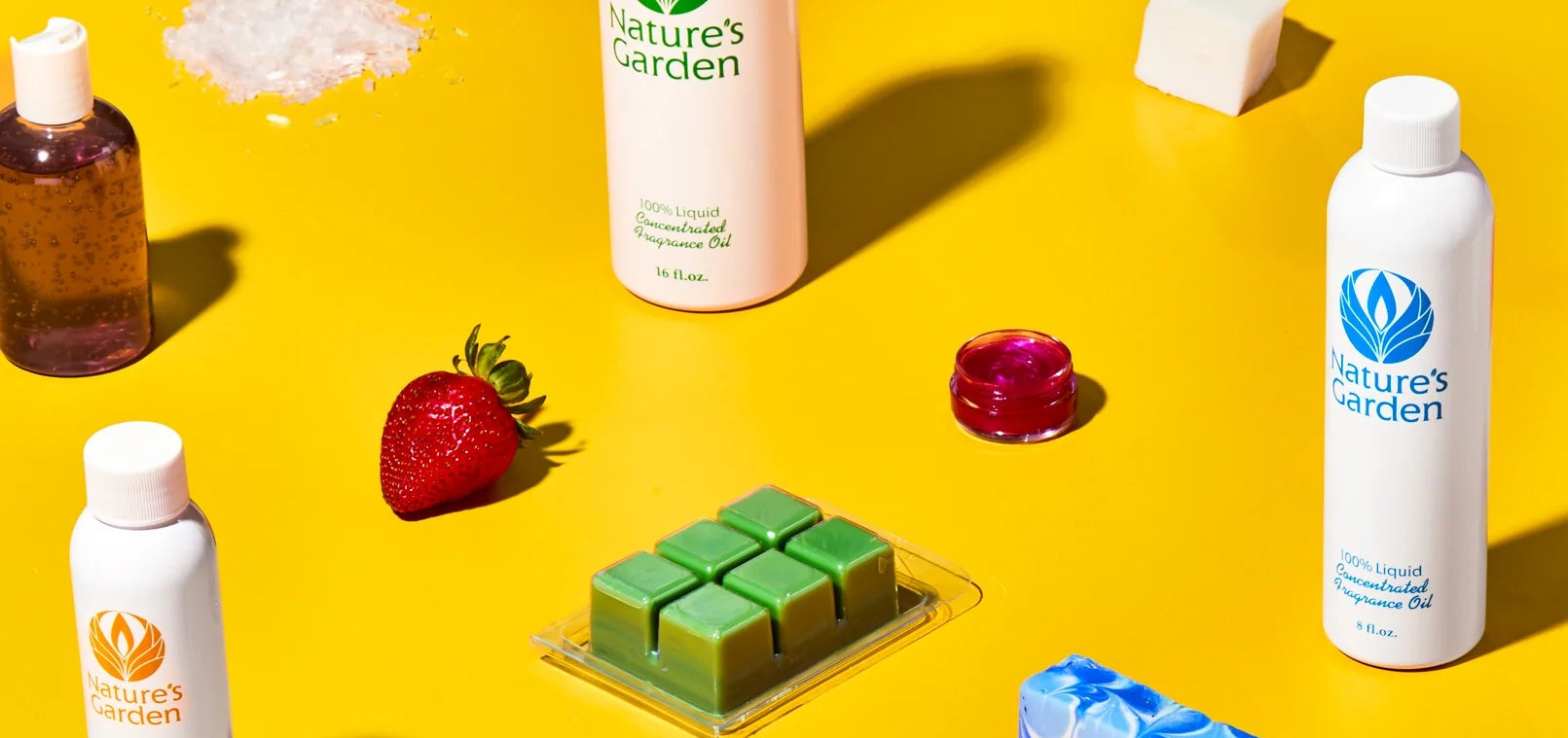 Various nature's garden products and ingredients on a yellow background