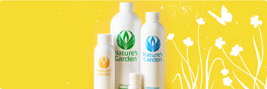 Nature's Garden product bottles on a yellow background with floral elements