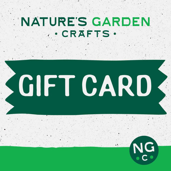 Nature's Garden Crafts gift card with green ribbon and logo on a textured white background