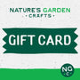 Nature's Garden Crafts gift card with green ribbon and logo on a textured white background
