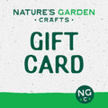 Nature's Garden Crafts gift card with green text on a white background