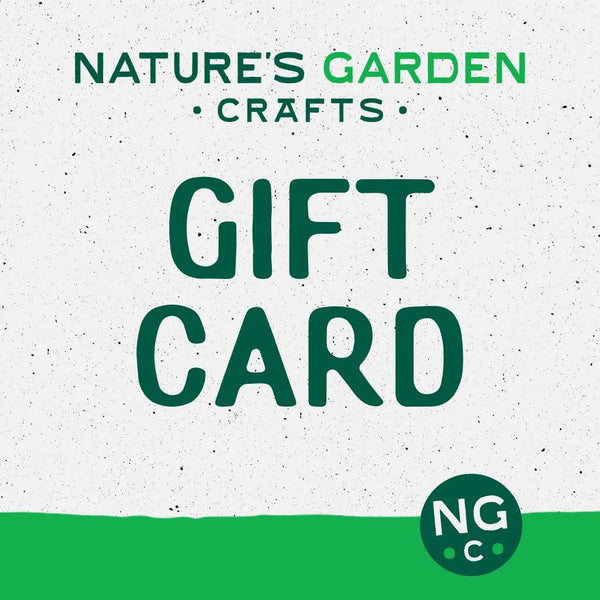 Nature's Garden Crafts gift card with green text on a white background